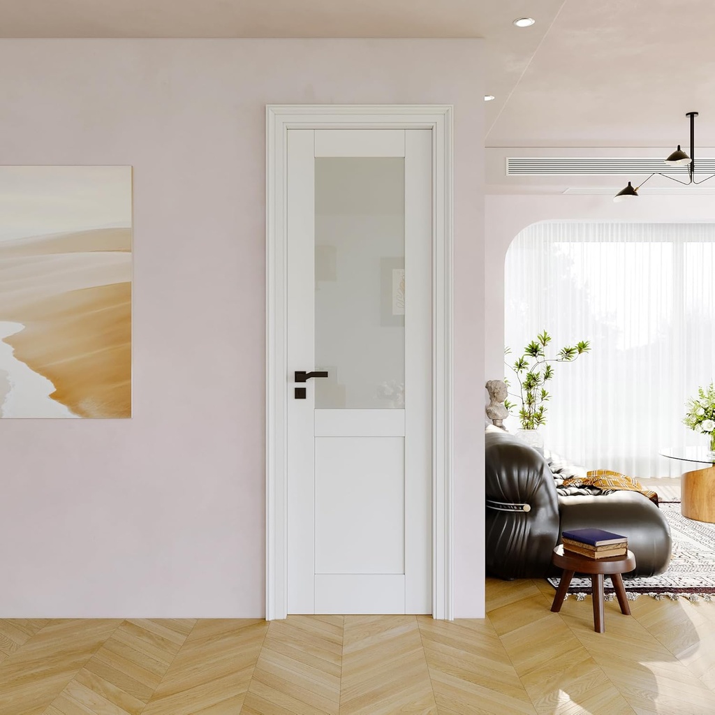 18" x 80" Half Door Slab, Frosted Glass French Door Interior, Soild Core& Pre-Finished Single Panel for Pantry Bedroom Closet as Pocket, Bifold, Barn Doors, No Assembly Required-Shaker w/o Hardware