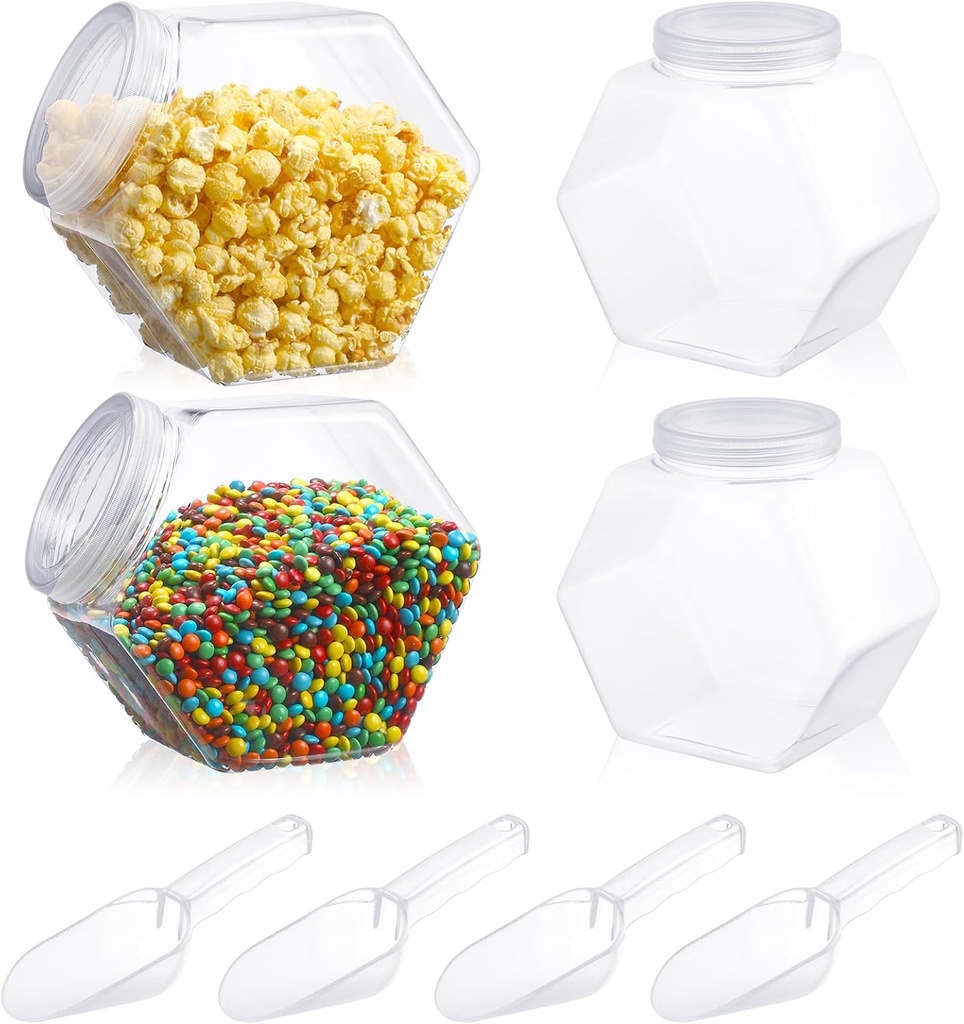 4 Pcs 122 oz Plastic Candy Jar with Lids and Scoops Hexagon Cookie Jars Clear Reusable Containers for Kitchen Counter Candy Bar for Cookies, Pets Treats, Laundry Pod, Craft Supplies Display Storage