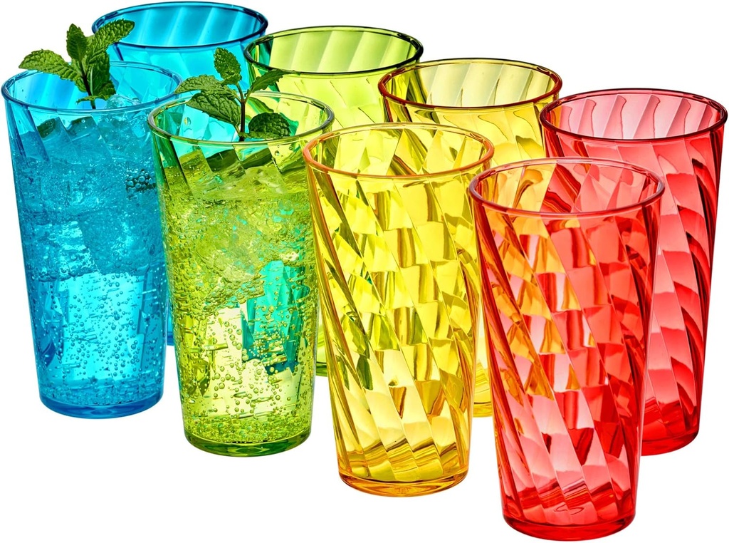Amazing Abby - Glacier - 18-Ounce Plastic Tumblers (Set of 8), Plastic Drinking Glasses, Mixed-Color Reusable Cups, Stackable, BPA-Free, Shatter-Proof, Dishwasher-Safe