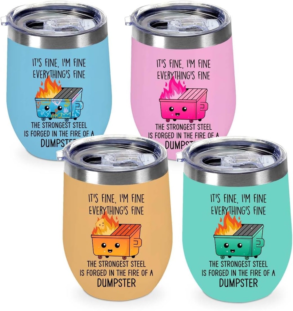 4PCS 12 oz Insulated Wine Tumbler with Lid, Funny Dumpster in Fire Stainless Steel Travel Tumbler Cups, Stemless Double Wall Vacuum Travel Mug for Coffee Wine Cocktail, Novelty Gifts for Women