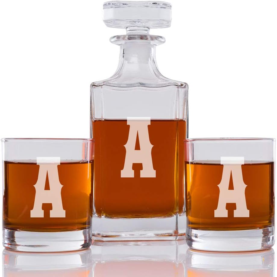 Rodeo Monogram Letter A Personalized Engraved Decanter and Rock Glass Set (3 pcs)