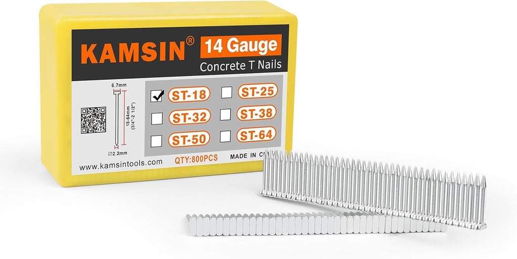 ST18 14 Gauge Concrete T Nails, 3/4'' (18MM) Length Collated Concrete T Nails, Galvanzied, 800 PCS/BOX, Fasteners for Pneumatic Concrete T Nailer, Air T Nail Gun