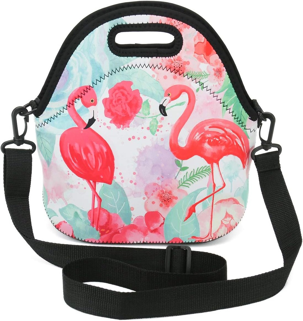 Insulated Neoprene Lunch Bag Removable Shoulder Strap Reusable Thermal Thick Lunch Tote Bags For Women,Teens,Girls,Adults-Lunch Boxes For Outdoors,Work,Office,Shopping (Cute Flamingos)