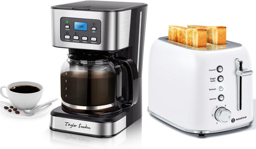 Taylor Swoden 12-Cup Programmable Coffee Maker and Aigostar Toaster 2 Slice Retro, 1.6 inch Extra Wide Slots Bread Toasters
