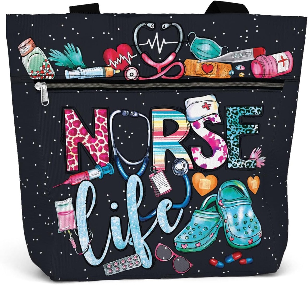 84hoods Large Waterproof Tote Bag with Pockets and Zipper for Work. Gift for Nurse. Shoulder Bag for Women.