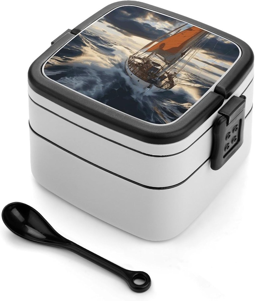 Ocean Sailboat Bento Box, Reusable Double Layer Lunch Box with Handle & Dividers, 1000ml Leakproof Lunch Container for Office, Picnic, Travel