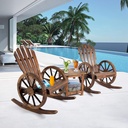 3 PCs Patio Rocking Chair Set, Outdoor Wooden Rocker Bistro Set with Coffee Table Wagon Wheel Rustic Chairs for Garden Country Yard