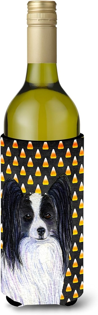 Caroline's Treasures SS4298LITERK Papillon Candy Corn Halloween Portrait Wine Bottle Hugger Bottle Cooler Sleeve Hugger Machine Washable Collapsible Insulator Beverage Insulated Holder