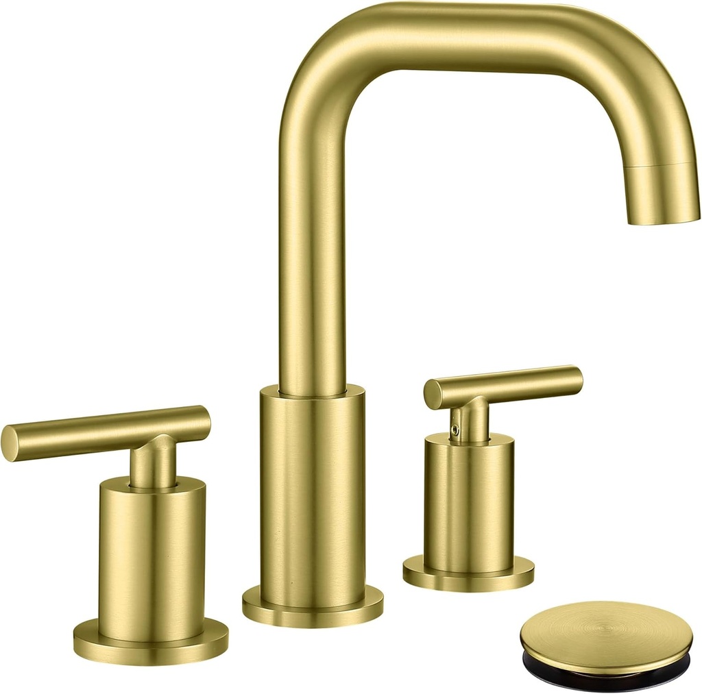 Gold Bathroom Faucet with Drain and Supply Hose, 2 Handles Brushed Gold Widespread Bathroom Faucet for Sink 3 Hole, Bathroom Faucet Gold CH3166BG