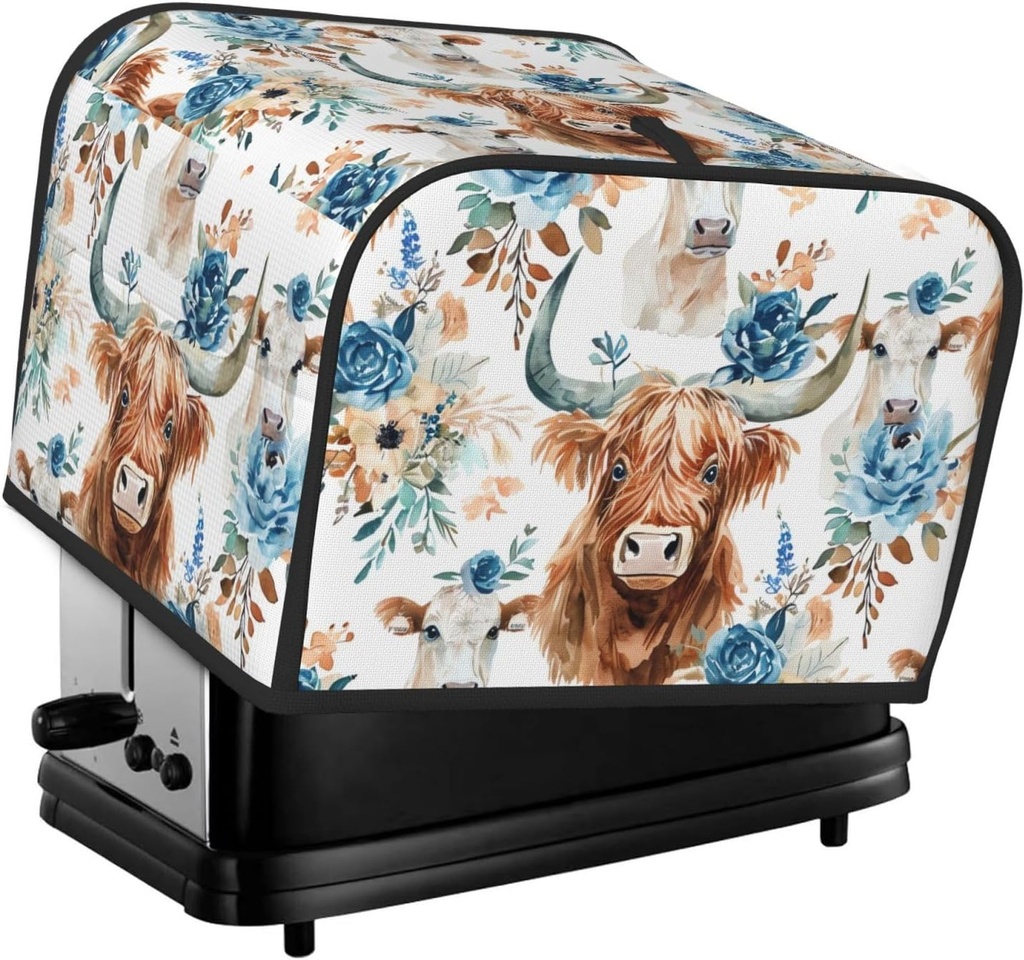 Highland Cows Blue Covers for Toasters 4 Slice,Cute Bread Machine Cover with Handle,Washable Stain Resistant Kitchen Small Appliance Cover Dining Decor