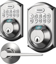 TEEHO Fingerprint Door Lock - Keyless Entry with 2 Lever Handles, Auto & 1 Touch Locking, Satin Nickel