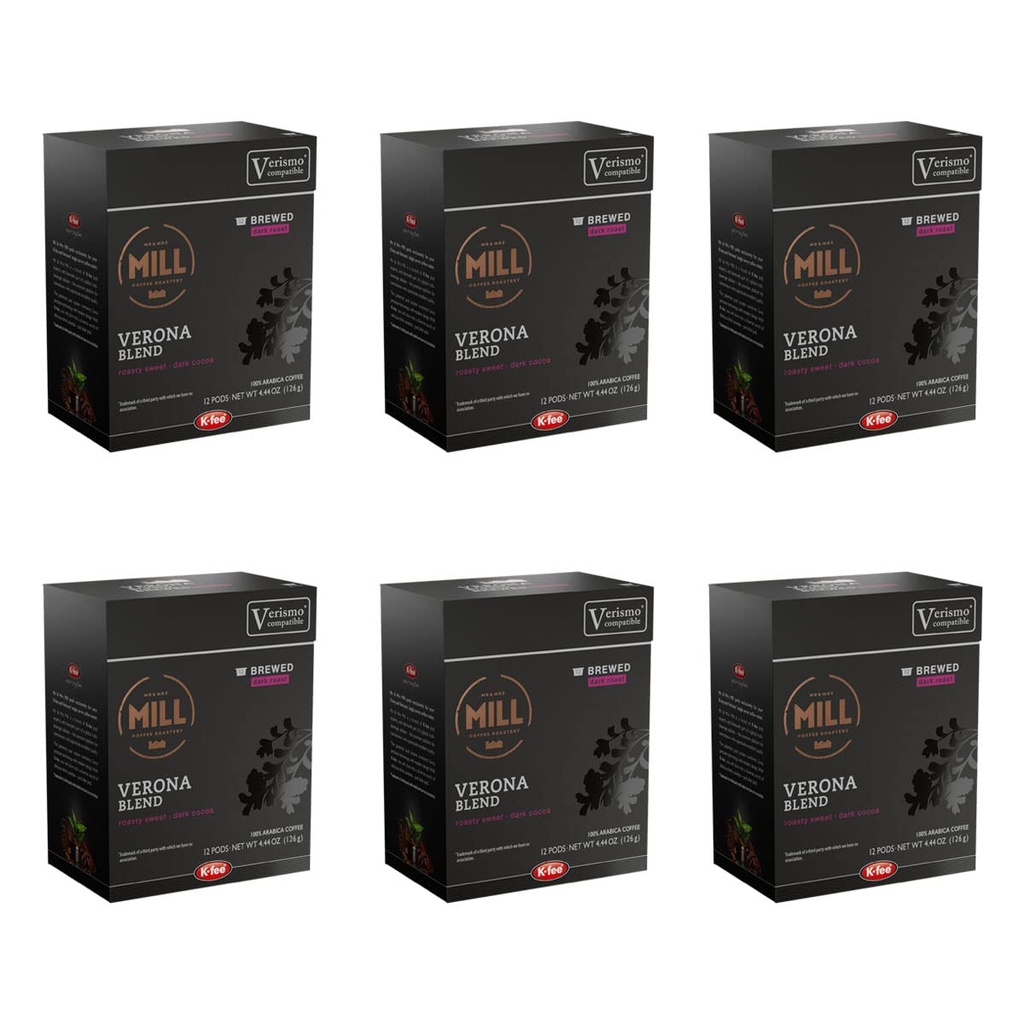Mill Brewed Verona Blend Coffee K-fee® compatible with Starbucks Verismo* | 72 Count (6 boxes X 12 Pods) | Dark Roast Single Serve Coffee Pods