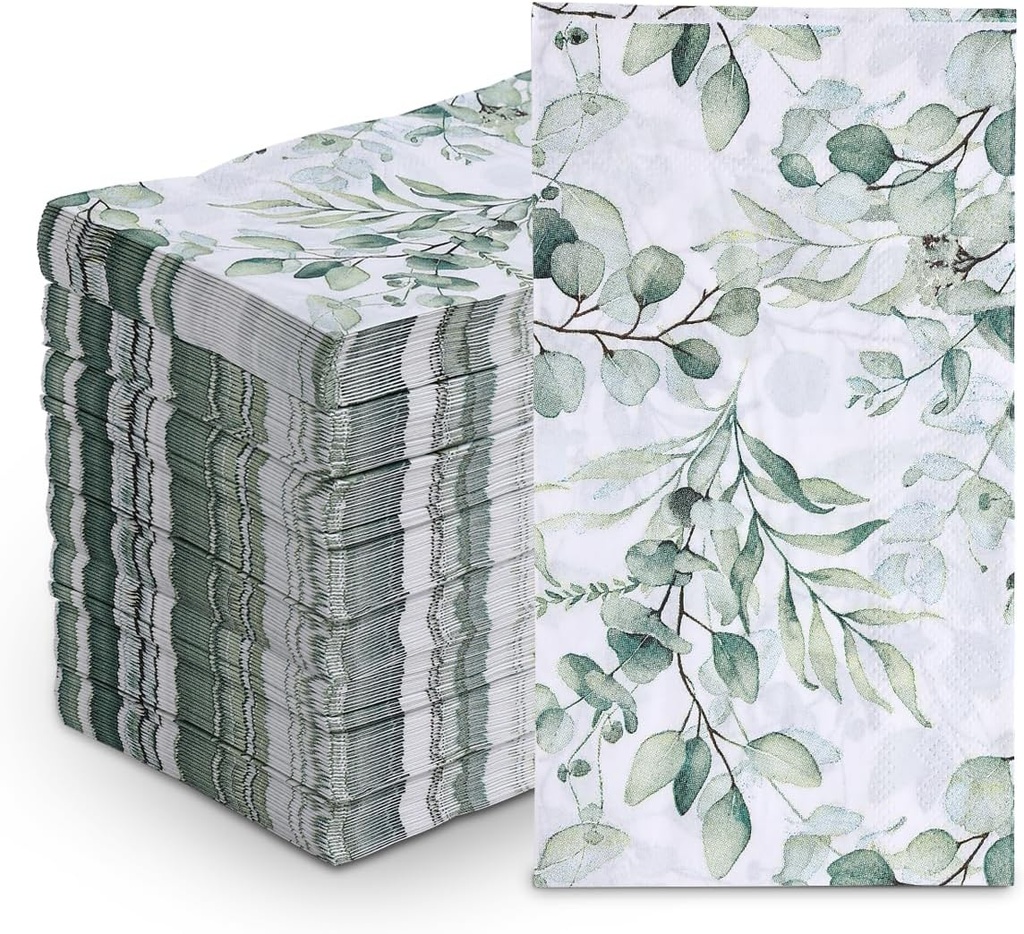 100Pcs Disposable Greenery Guest Napkins Paper Disposable Hand Towels Green Leaves Decorative Paper Dinner Hand Napkin for Bathroom Baby Shower Party Supplies Table Decor