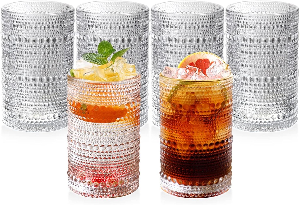 Hobnail Glasses Set of 6 Highball Vintage Drinking Glasses 13OZ Clear Embossed Vintage Glassware Hobnail Glass Cup for Water, Juice,Cocktail, Wine, Beer, Whiskey for Thanksgiving Day, Christmas Gift