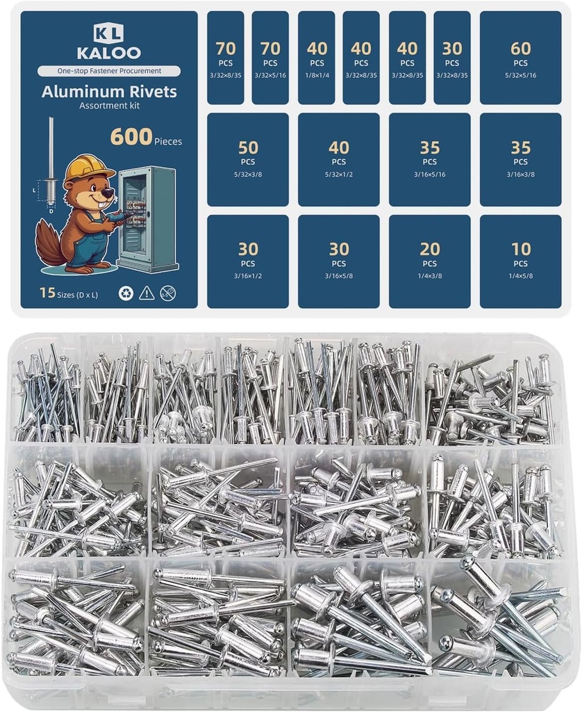 600 PCS Rivets, Kaloo 15 Size Aluminum Pop Rivets Assortment Kit, Silver Pop Rivet Set including 3/32" 1/8" 5/32" 3/16" 1/4"