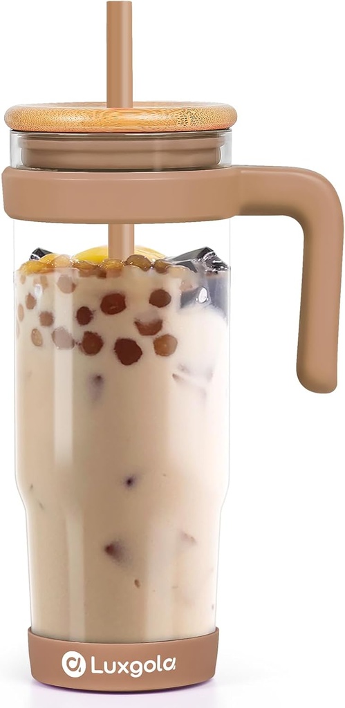 32 oz Glass Tumbler with Handle, Iced Coffee Cup with Bamboo Lid and Straws, Reusable Clear Glass Water Cup With Silicone Bumper - Fits in Car Cup Holder, Dishwasher Safe, BPA Free - Khaki