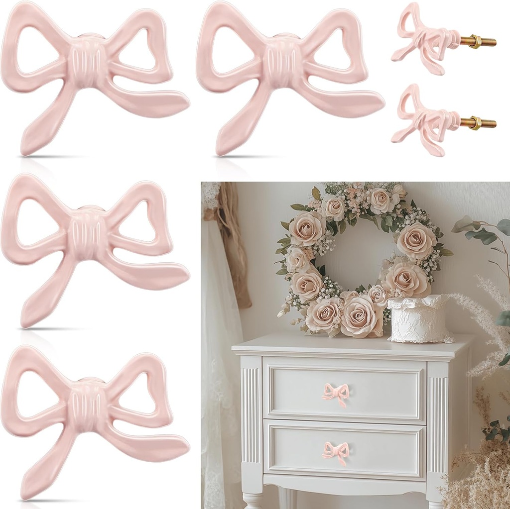 4 Pcs Pink Bow Knobs for Dresser,Pink Bow Drawer Knobs, Coquette Dresser Handles, Decorative Handles for Home Bedroom Hardware Cabinets Kitchen Glass Door Wardrobe