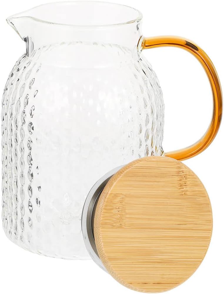 STOBAZA Hammered Glass Cold Water Kettle with Bamboo Steel Lid Stylish Pitcher for Iced Tea Beer Juice Beverages Kitchen Supply