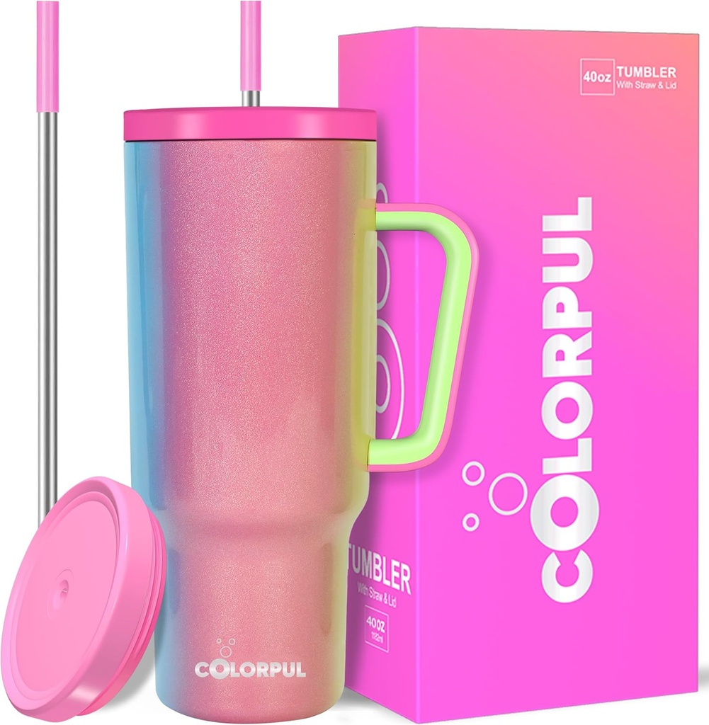 40oz Stainless Steel Tumbler with Handle & Leak-Proof Lid | Insulated coffee tumbler’s | Keeps Cold 34H/Hot 10H | insulated tumblers with Straw | Cupholder Friendly | Mom birthday gifts (Carnival)