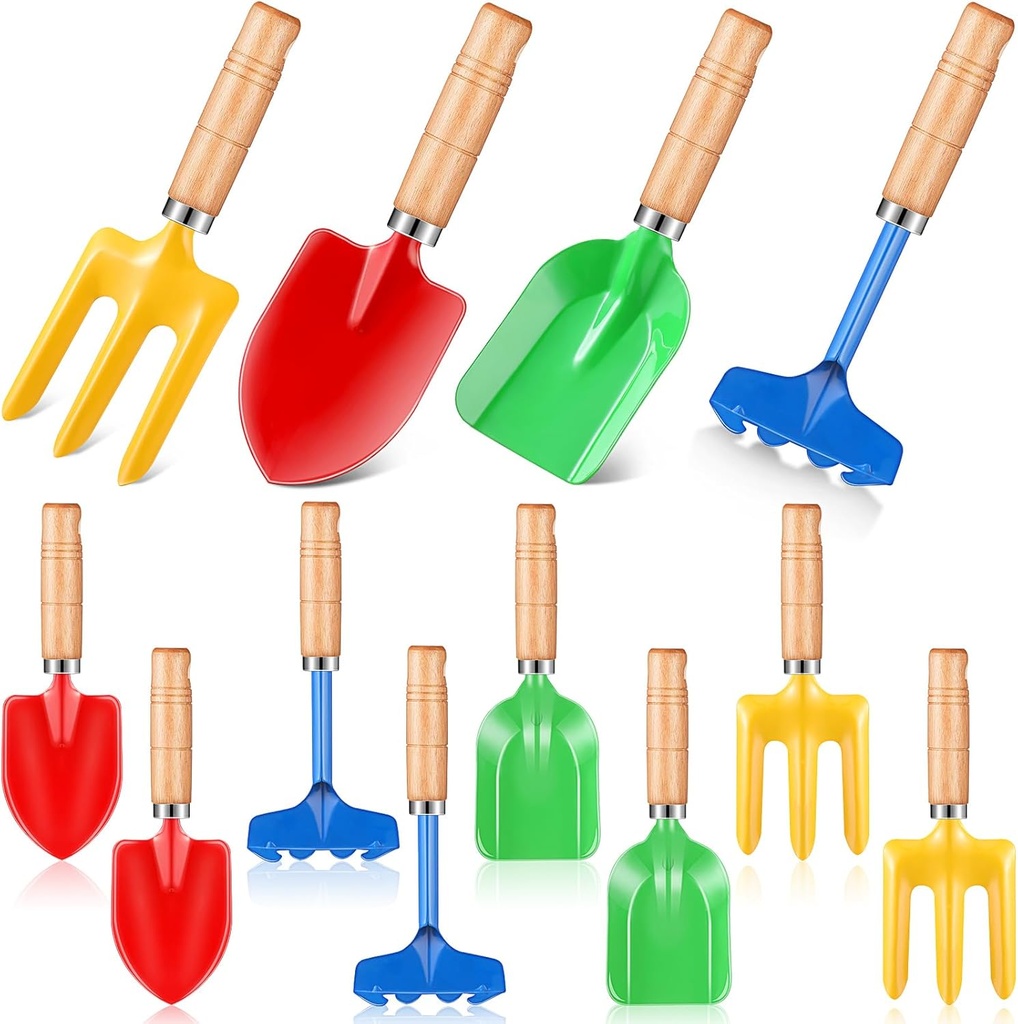 Gardening Tools Metal Garden Beach Sandbox Digging Tools Including Shovel, Rake, Fork and Trowel, Garden Beach Sand Tools with Wooden Handle Hoe for Gift Outdoor Gardening(12 Pcs)