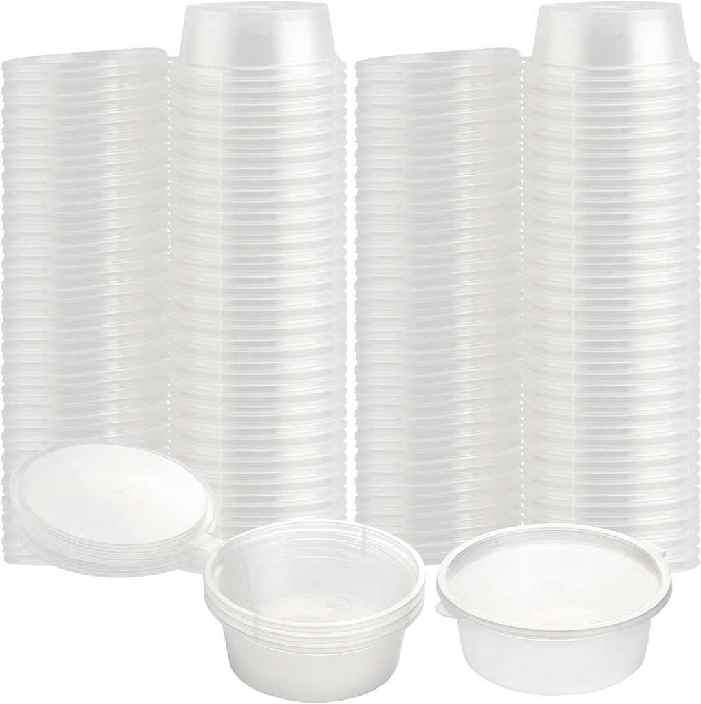 SEUNMUK 200 Pack 4 OZ Leak Proof Plastic Condiment Souffle Containers with Attached Lids, Plastic Portion Cups with LidsPlastic, Sauce Cups for Salad Dressing, Spices