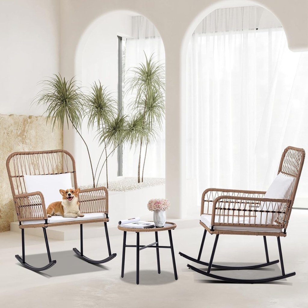 Homsido Patio Furniture Set Outdoor Rocking Chairs Set Boho Balcony Furniture All-Weather Beige Wicker Rattan Chairs Set for Balcony Porch with Black Templessed Coffee Table Washable White Cushions