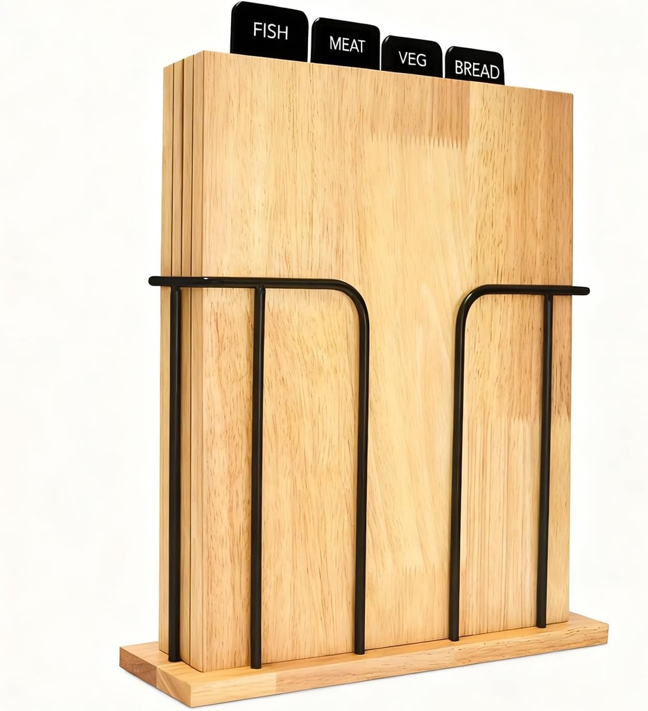 South to East Wood Cutting Board Set of 4 with Food Labels & Holder - Kitchen Chopping Boards for Meat, Bread & Veg | Easy Storage Wooden Cutting Boards for Family Meals, Ideal Gift for Home Cooks