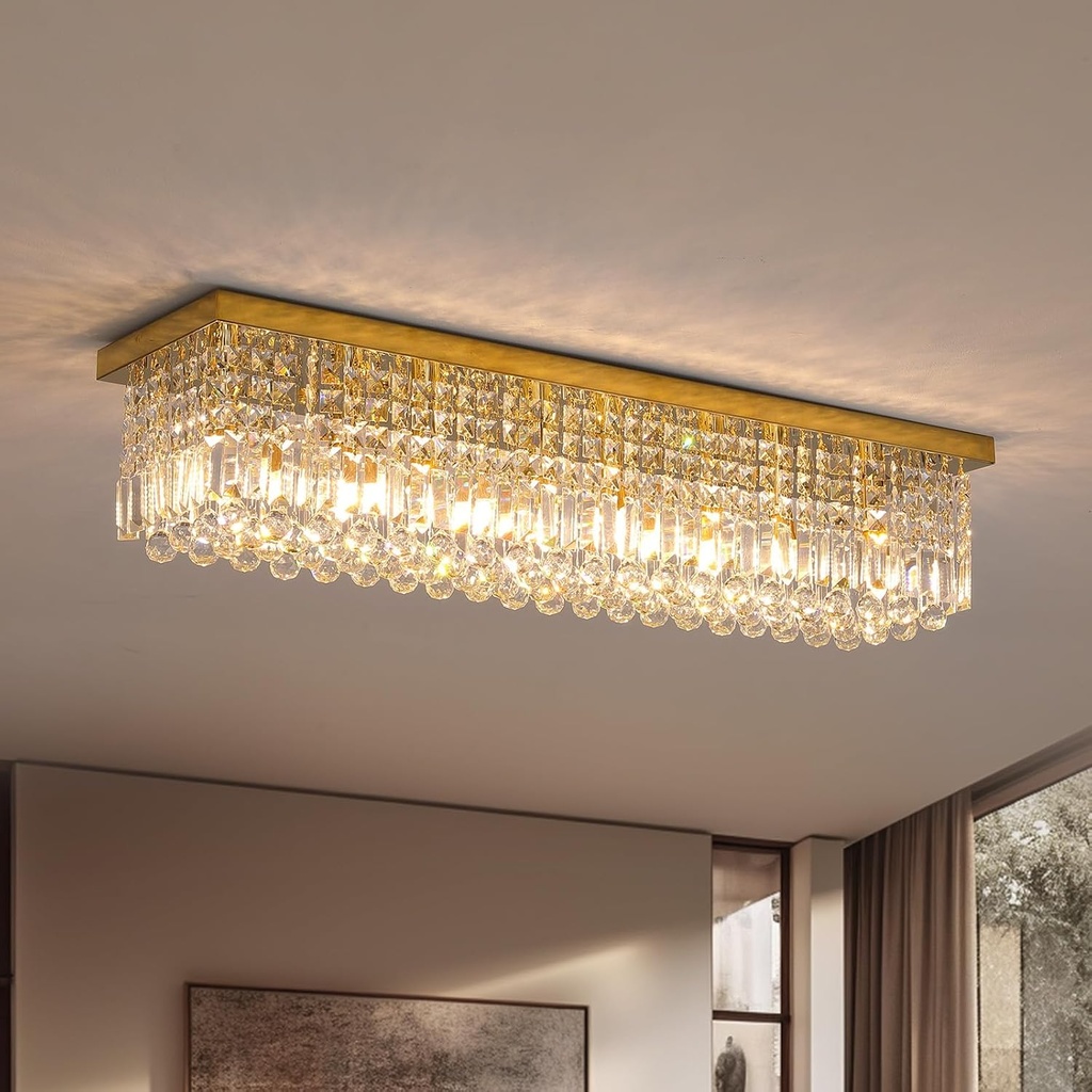 7PM Rectangular Chandelier, Modern Dining Room Light Fixture with Raindrop Chandelier Crystals, 8 Lights Flush Mount Rectangle Chandelier for Dining Room Living Room, L40” x W10” x H10” Gold