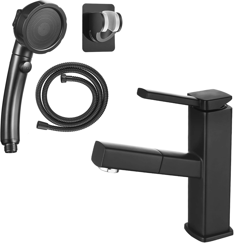 KAIYING Drill-Free High Pressure Handheld Shower Head with ON/OFF Pause Switch(Black) & KAIYING Single Hole Bathroom Sink Faucet with Pull Out Sprayer(Regular, Black)