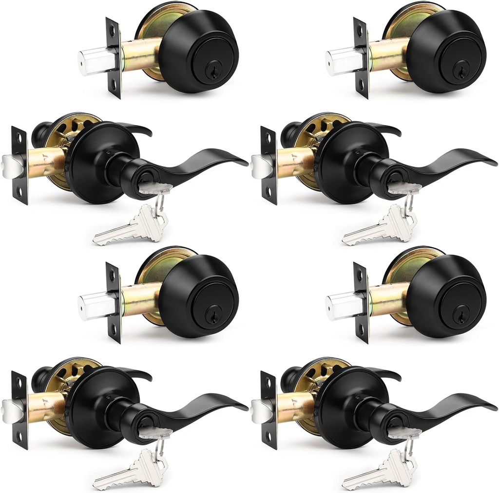 Probrico Front Door Handle and Single Cylinder Deadbolt Set, Black Exterior Door Handle with Deadbolt Lockset,Wave Reversible Door Lever Locks with Deadbolt Set, Keyed Alike 4Pack
