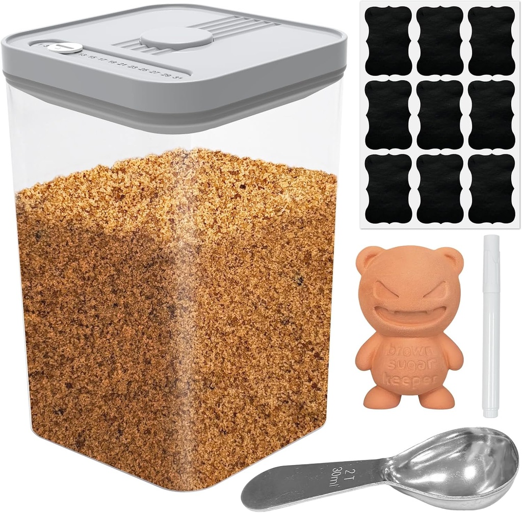 Food Storage Containers With Lids Airtight, Brown Sugar Storage Container with Spoon and Terracotta Savers for Softening, Ideal for Sugar, Cookies or Crackers 2.43Qt(77Oz/2.3L)