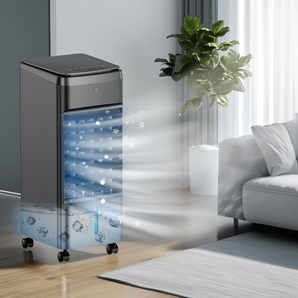 NOMEY Portable Air Conditioners 4 Modes & 3 Speeds, 4 Ice Packs, Waterless Alert System, 12H Timer, Remote,1 Gal Detachable Water Tank, 70°Oscillation Windowless Evaporative Air Cooler for Room Office
