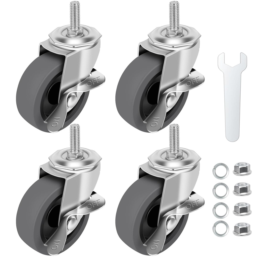 Caster Wheels, 3" Locking Swivel Stem Casters Set of 4, 3/8"-16 x 1 (Screw Diameter 3/8", Length 1") Rubber Casters with 360 Degree No Noise Wheels for Furniture