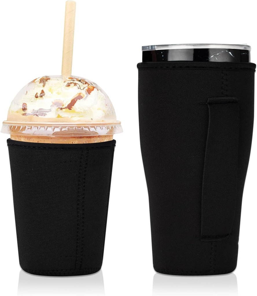 2 PCS Reusable Iced Coffee Sleeve for 24oz Cold Drinks Beverage,Insulated Neoprene Cup Holder with Handle for 30oz-32oz Tumbler Cup,Dunkin Donuts, Starbucks,McDonald's Coffee(Black)