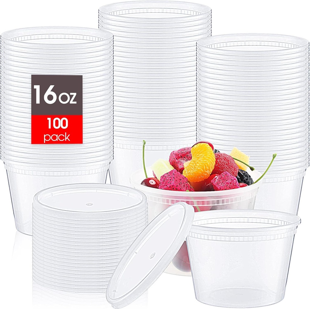 Thenshop 100 Sets Deli Containers with Lids 16 oz Leakproof Disposable Soup Containers plastic Food Storage box with Airtight Lids Round Clear Takeout bowl, Microwave Dishwasher Freezer Safe