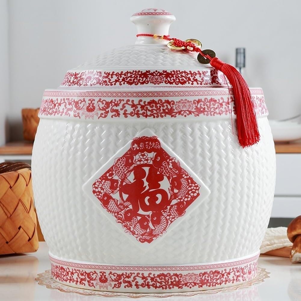 Ceramic Rice Container, Chinese Ceramic Rice Storage Jar, Airtight Grain Dispenser, Handcrafted Kitchen Canister with Traditional Red Tassel Design, Suitable for Grain, Flour, and Dry Food Storage(26*