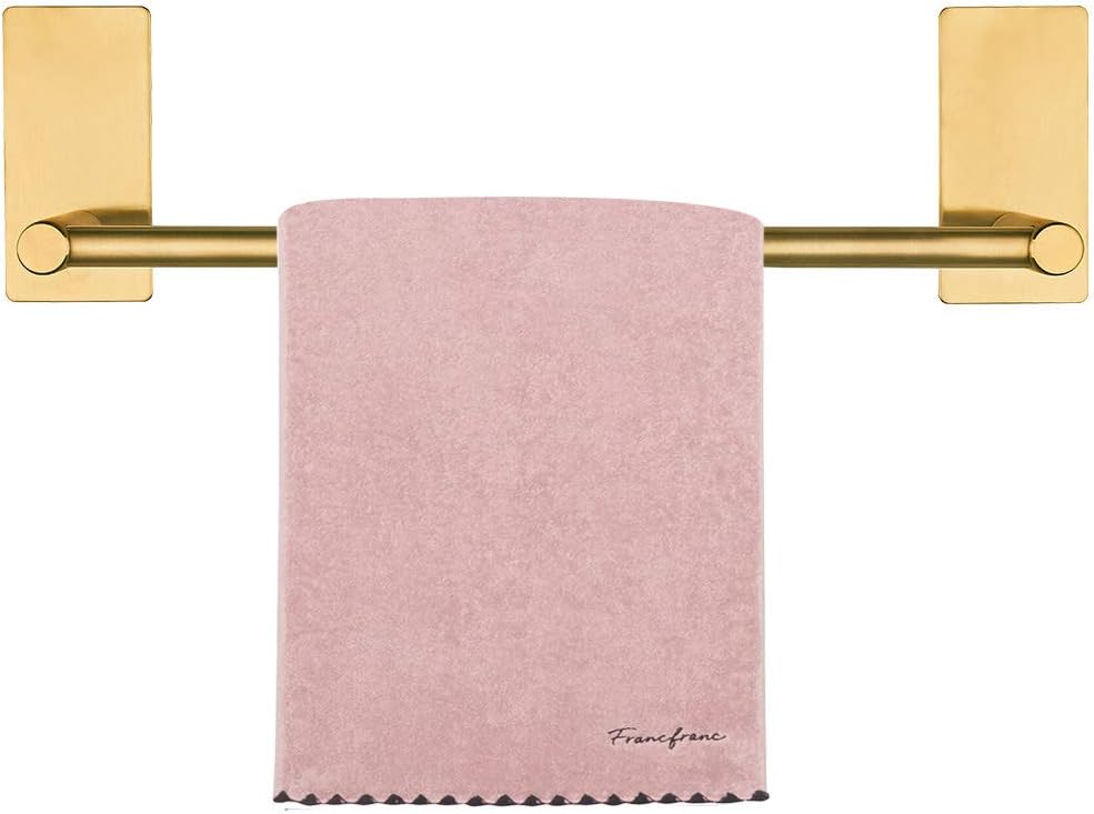 NearMoon Self Adhesive Bathroom Towel Bar- Stainless Steel Bath Wall Shelf Rack Hanging Towel Stick On Sticky Hanger Contemporary Style, NO Drilling (1 Pack, Brushed Gold, 12-Inch Towel Rack)