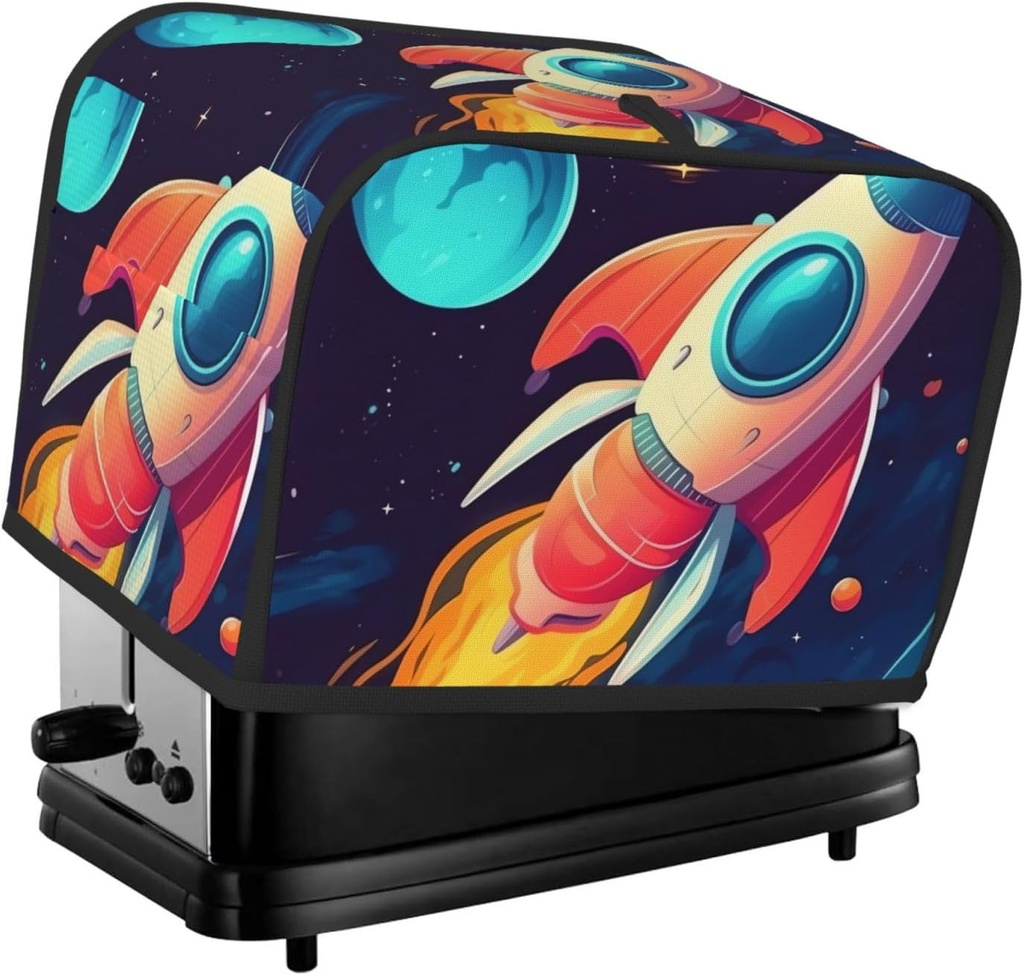 Cartoon Rocket In Space 2 Slice Toaster Covers Bread Machine Cover Quilted Dustproof Fingerprint Protectors Small Washable Appliance Cover Bread Maker Dust Protection Universal Size
