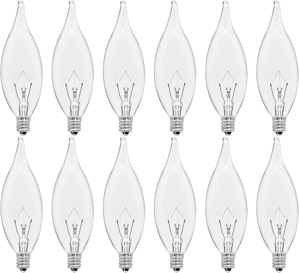 12-Pack E12 Candle Light Bulbs 40W Warm White 2500K, 380 Lumen Dimmable Chandelier Light Bulbs for Ceiling Fan, Pendants or Outdoor, CA10 Clear Candelabra Base Bulbs
