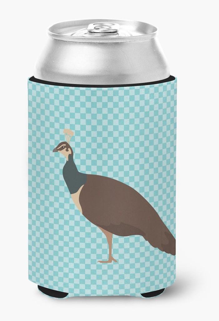 Caroline's Treasures BB8101CC Indian Peahen Peafowl Blue Check Can or Bottle Hugger Cooler Washable Drink Sleeve Collapsible Beverage Insulated Holder, Can Hugger, Multicolor