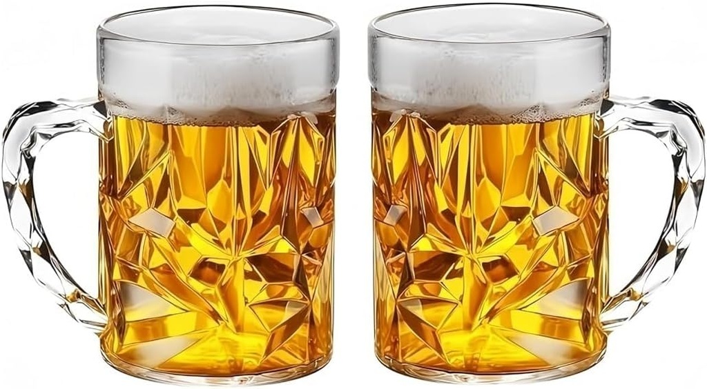 19oz Plastic Beer Mugs with Handle Set of 2, Reusable Unbreakable Beer Stein Drinking Cups for Party, Bar, Home, Hotel, Perfect for Whiskey, Juice, Cocktail Beverages