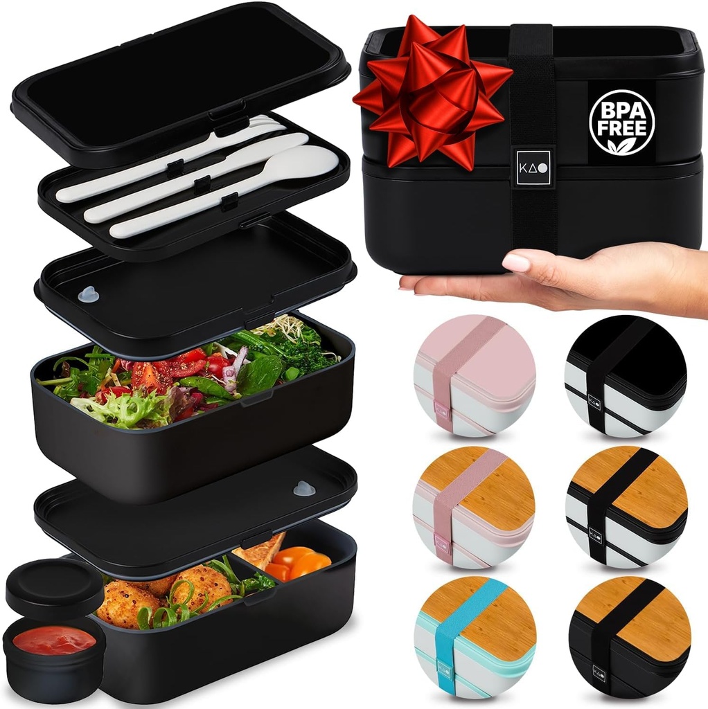 Double Premium Bento Box Adult, 67 fl oz BPA-Free - Black Stackable Lunch Box with Leak-Proof Lids & Dividers, Perfect for Meal Prep, Lunches & Portion Control