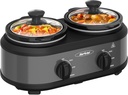 Sunvivi Dual Slow Cooker, Buffet Servers and Warmer with 2 Removable Ceramic Pots, Slow Cooker Food Warmer with Adjustable Temp & Glass Lids, Stainless Steel, 2 x 1.25 QT, Silver Grey