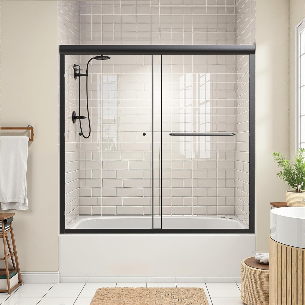 Shower Door 56-60" W * 58" H Glass Shower Door Double Sliding Bathtub Shower Doors with 1/4" SGCC Certified Tempered Glass, Stainless Steel Handle, Aluminum Frame for Bathroom, Black