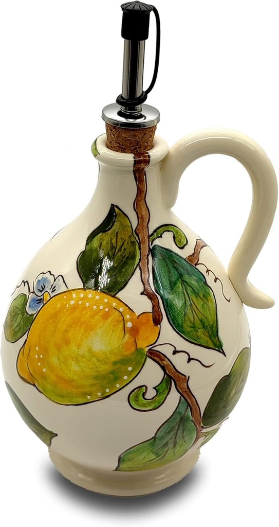 Italian Ceramic Olive Oil Dispenser Bottle XL Size - Hand Painted Oil Cruet lemon creme Design for Kitchen - Made in ITALY Tuscany - Italian Pottery - 14 Oz