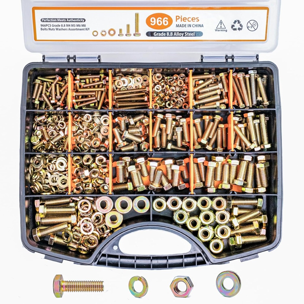 966PCS Metric Bolt Assortment Kit - M4,M5,M6,M8 Grade 8.8 Alloy Steel Bolts and Nuts Kit with Professional Sturdy Labeled Storage Box, 12-30mm, for DIY, Automotive, Furniture & Machinery Repair