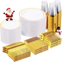 Goodluck 600 Pieces Gold Disposable Plates for 100 Guests, Plastic Plates for Party, Dinnerware Set of 100 Dinner and 100 Dessert Plates, 100 Spoons, 100 Forks, 100 Knives, 100 Cups