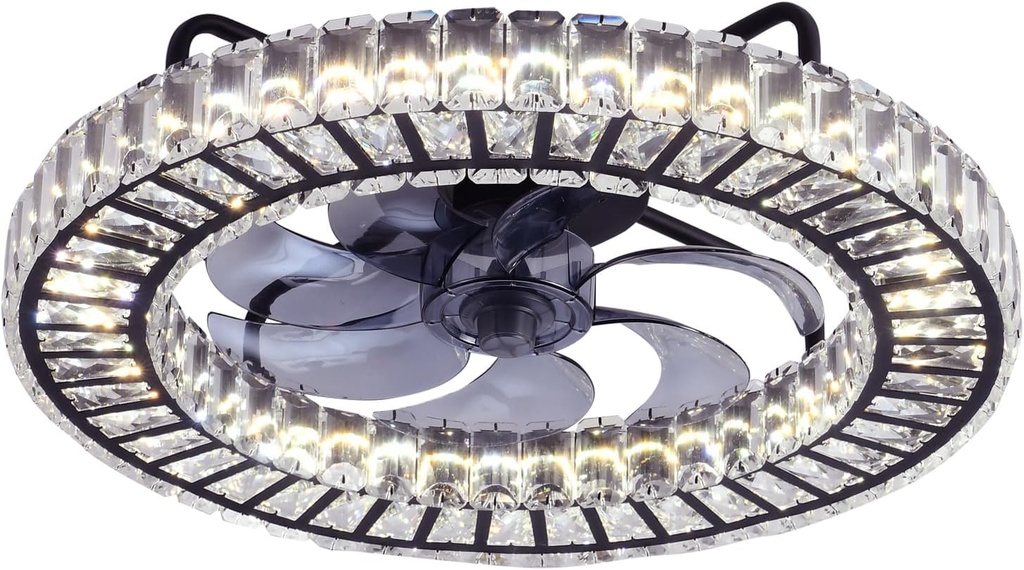 22 "Modern Ceiling Fans with Lights and Remote, Dimmable Low Profile Ceiling Fan, Flush Mount Bladeless Ceiling Fan,Industrial Crystal Fan Light for Bedroom Living Room Dining Room (Black)