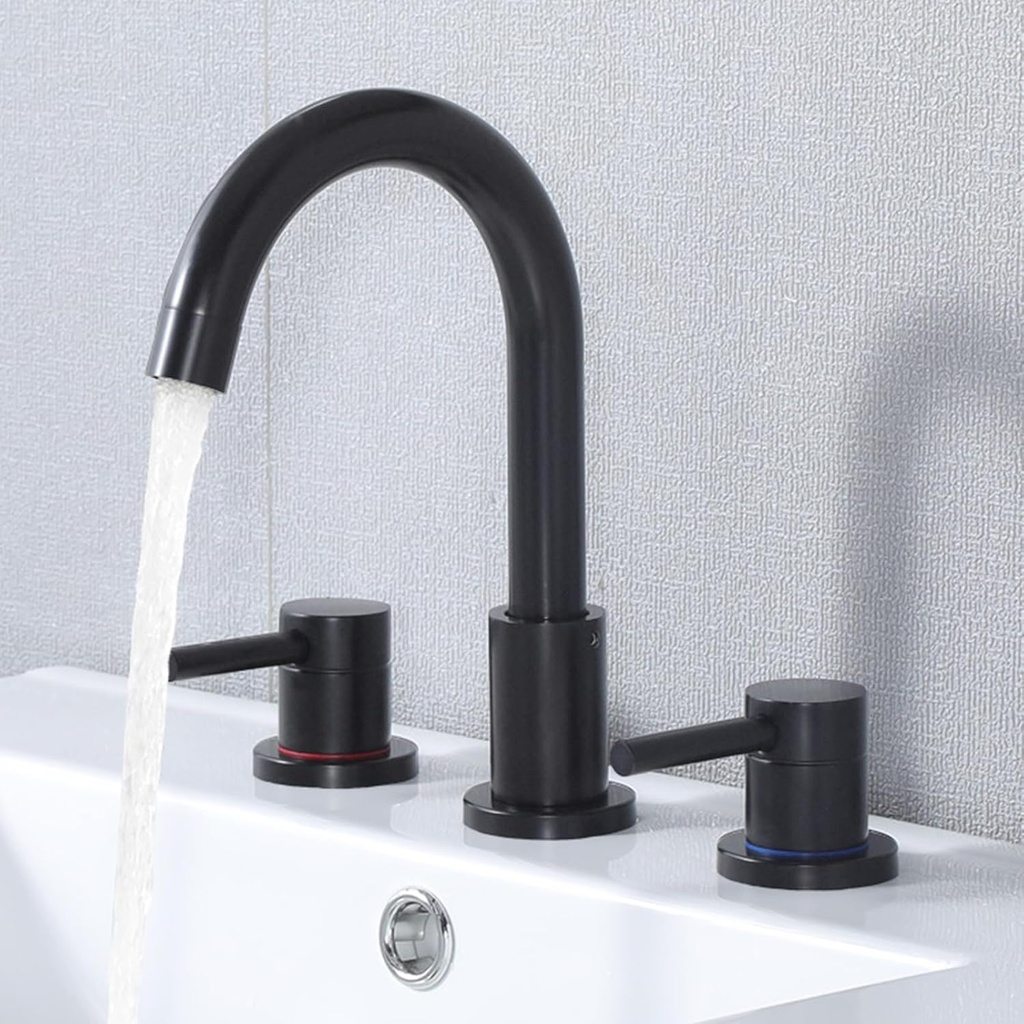 HOTIS Black Bathroom Faucet 3 Hole, 8 Inch Matte Black Bathroom Sink Faucet with 360°Swivel Spout, 2 Handle Vanity Faucet with Pop-up Drain and Supply Line