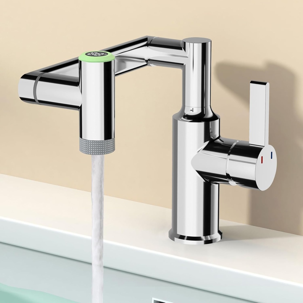 Single Hole Rotatable Bathroom Faucet with Temperature Display, Single Handle Modern Rotating Bathroom Sink Faucet 1 Hole, 1080 Degree Swivel Tap with 2 Water Outlet Modes (Chrome)
